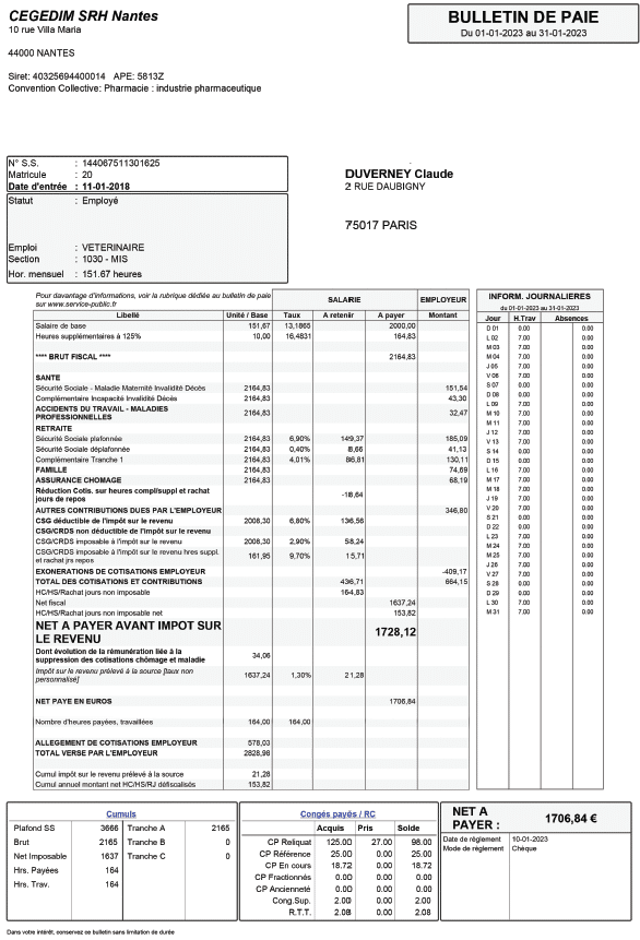 Exemple bulletin de paie 2024