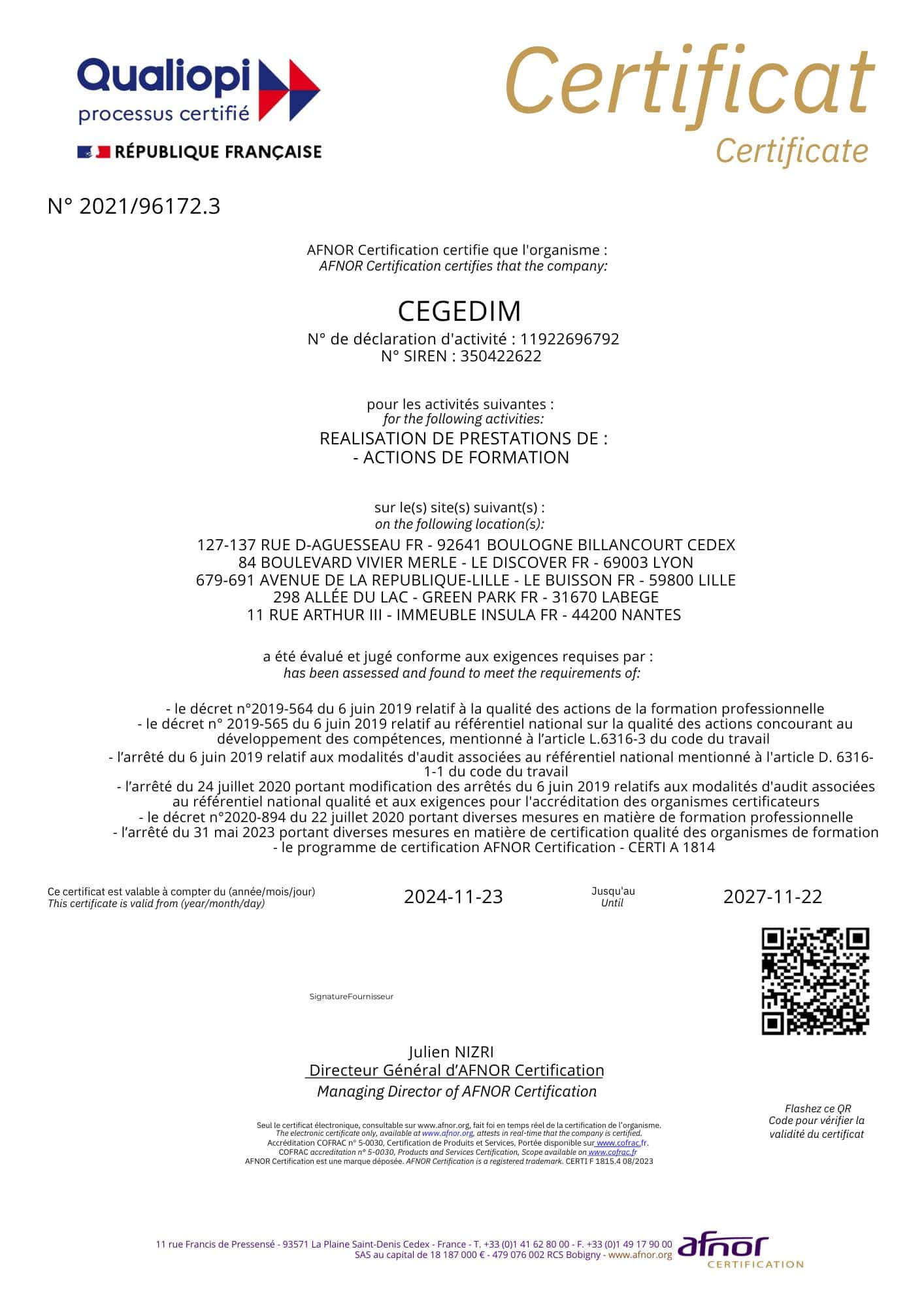 Certificat Qualiopi décerné à Cegedim pour la période 2024-2027